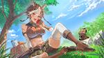  1girl abs american_flag animal_ear_fluff animal_ears apple azna belt black_belt boots breast_pocket breasts brown_boots brown_gloves brown_hair brown_shorts carrot cloud commission detached_sleeves flower food fruit gloves grass highres holding holding_food holding_fruit horse horse_ears horse_girl horse_tail indie_virtual_youtuber navel orange_eyes pocket red_flower rock short_hair shorts skeb_commission sky sugar_cube tail thighhighs tomoe_umari tomoe_umari_(umari_3.0) torn_clothes torn_thighhighs tree_stump umarmy_(tomoe_umari) virtual_youtuber white_hair white_sleeves white_thighhighs 
