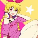  :d aikatsu! aikatsu!_(series) alternate_hairstyle arm_support blonde_hair braid chan_co clothes_writing copyright_name hair_ribbon headphones headphones_around_neck hoshimiya_ichigo long_hair off_shoulder open_mouth red_eyes ribbon shirt sitting smile solo star t-shirt twin_braids very_long_hair 