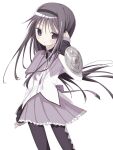  15_mi1k 1girl akemi_homura akemi_homura_(magical_girl) argyle_clothes argyle_pantyhose arm_shield back_bow black_hair black_pantyhose bow bowtie capelet closed_mouth collar floating_hair frilled_skirt frills hairband hand_on_own_head highres layered_sleeves long_hair looking_at_viewer magical_girl mahou_shoujo_madoka_magica pantyhose pleated_skirt purple_bow purple_bowtie purple_eyes purple_skirt shield shirt skirt solo white_background white_shirt 