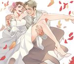  1girl auruo_bossard blush brown_hair carrying couple dress elbow_gloves gloves gon_(er4gu3) hetero one_eye_closed petals petra_ral pointing princess_carry shingeki_no_kyojin short_hair wedding_dress 