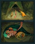  1girl 3boys animalization bandana bandana_around_neck coelophysis colored_sclera commentary deinonychus dinosaur dinosaur_tail feathered_dinosaur food from_above fruit hat hat_on_back headphones highres holding holding_food holding_fruit ki2ri5 leaf lying mandarin_orange monkey_d._luffy multiple_boys nami_(one_piece) nature nothronychus on_side one_piece parasaurolophus rain roronoa_zoro sleeping straw_hat tail tent twitter_username usopp yellow_sclera 