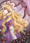  1girl blonde_hair bow breasts commentary_request dress elbow_gloves gap_(touhou) gloves grey_background hair_bow hat hat_ribbon highres holding holding_umbrella kuronon long_hair mob_cap multiple_hair_bows puffy_short_sleeves puffy_sleeves purple_dress purple_eyes purple_umbrella red_bow red_ribbon ribbon short_sleeves sleeve_bow solo touhou umbrella white_gloves white_hat yakumo_yukari 