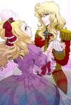  blonde_hair dancing dress drill_hair epaulettes gloves gown hair_ribbon hair_up hand_on_another's_hip holding_hands long_hair looking_at_another marie_antoinette_(versailles_no_bara) multiple_girls mumilove oscar_francois_de_jarjayes purple_dress ribbon uniform versailles_no_bara white_gloves 