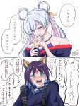  2girls artist_name bare_shoulders black_choker blue_eyes blue_hair blue_hoodie blush cho_kaguya-hime! choker commentary_request forehead_jewel freshfish green_eyes grey_hair hair_ornament hair_rings hair_stick halterneck highres holding_hands hood hoodie long_hair medium_hair multicolored_eyes multicolored_hair multiple_girls open_mouth pink_eyes pink_hair purple_hair runami_yachiyo sakayori_iroha simple_background speech_bubble sweat thought_bubble translation_request twintails two-tone_hair upper_body white_background yuri 