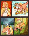  1boy 1girl anger_vein animalization biting biting_head choker coelophysis colored_sclera compass deinonychus dinosaur english_commentary feathered_dinosaur feathers food fruit gold_bangle grass green_sclera hat hat_on_back highres holding holding_food holding_fruit jewelry ki2ri5 log_pose looking_at_another mandarin_orange monkey_d._luffy motion_lines nami_(one_piece) nature neck_ring notice_lines one_piece open_mouth outdoors sharp_teeth shoulder_tattoo straw_hat tattoo teeth tree twitter_username yellow_sclera 