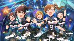  5girls :d ;d arm_up baba_konomi black_dress black_gloves black_hair blue_eyes bow bowtie breasts brown_eyes card_commentary closed_eyes commentary_request dress futami_mami game_asset gloves gold_trim grey_bow grey_bowtie holding holding_microphone idol idolmaster idolmaster_(classic) idolmaster_million_live! idolmaster_million_live!_theater_days kinoshita_hinata lace lace_gloves looking_at_viewer microphone multiple_girls nakatani_iku official_alternate_costume official_art one_eye_closed open_mouth ponytail satake_minako shirt side_ponytail sleeveless sleeveless_dress smile stage standing third-party_source two-tone_dress two_side_up white_dress 