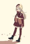  1girl a.i._voice ahoge argyle_clothes argyle_pantyhose beret black_boots blue_eyes blunt_bangs boots braid closed_mouth commentary_request dress flower full_body grey_hair hat holding holding_flower kizuna_akari kizuna_akari_(tsubomi) long_hair long_sleeves pantyhose red_dress red_flower red_hat red_pantyhose red_rose rose shiraume_(hakubaian) side_braid simple_background single_braid solo sparkle_hair_ornament standing voiceroid white_background wide_sleeves 