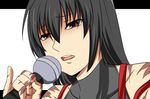  bare_shoulders black_hair brown_eyes detached_sleeves kannagi leotard long_hair m.u.g.e.n microphone music original parody pinky_out samuimu scar sendai_hakurei_no_miko singing solo touhou 