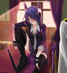  absurdres admiral_(kantai_collection) blush breasts cleavage curtains eyepatch gloves headgear high_heels highres kantai_collection light_particles medium_breasts military military_uniform necktie partly_fingerless_gloves reki_(dezuko) school_uniform short_hair sitting skirt solo_focus sweatdrop sword tenryuu_(kantai_collection) thighhighs translation_request trembling uniform weapon window yellow_eyes 