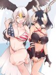  2girls american_flag american_flag_bikini american_flag_print animal_ears antelope_ears antelope_horns bald_eagle_(kemono_friends) bikini bird_girl bird_tail bird_wings black_hair blackbuck_(kemono_friends) blonde_hair blush breasts cleavage extra_ears flag_print flag_print_bikini frilled_bikini frills hair_between_eyes hair_over_one_eye head_wings highres horns huge_breasts kemono_friends kemono_friends_3 large_breasts long_hair looking_at_viewer multicolored_hair multiple_girls navel one_eye_closed open_mouth print_bikini red_eyes short_hair smile swimsuit tail two-tone_hair white_hair wifi1981321 wings yellow_eyes 