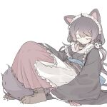  1girl animal_ears animal_hair_ornament apron black_collar black_kimono black_sash blush boots brown_boots brown_hair brown_tail clawed_boots closed_eyes closed_mouth collar commentary_request dog_ears dog_girl dog_tail flower frilled_apron frills full_body hair_flower hair_ornament highres inui_toko inui_toko_(1st_costume) japanese_clothes kimono knees_up long_hair long_skirt maid maid_headdress nijisanji obi obiage obijime red_skirt roku_(6) sash simple_background sitting skirt sleeping sleeves_past_fingers sleeves_past_wrists solo tail virtual_youtuber wa_maid waist_apron white_apron white_background white_headdress 