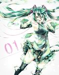  aqua_eyes aqua_hair armpits bad_id bad_pixiv_id detached_sleeves green_eyes green_hair hair_ribbon hatsune_miku highres liquid_clothes long_hair necktie open_mouth ribbon skirt solo thighhighs twintails very_long_hair vocaloid yokiri 