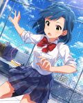  1girl :o black_socks blue_hair blue_skirt bow bowtie braid breast_pocket card_commentary chain-link_fence collared_shirt commentary_request dancing day dutch_angle earbuds earphones fence game_asset green_eyes idolmaster idolmaster_million_live! idolmaster_million_live!_theater_days leg_up light_blush looking_down miniskirt nanao_yuriko official_art on_rooftop open_mouth outdoors plaid_clothes plaid_skirt pleated_skirt pocket red_bow red_bowtie rooftop school_rooftop school_uniform shirt short_hair skirt socks solo standing standing_on_one_leg sweatdrop third-party_source white_shirt 