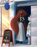  2026 4:5 a_chance_encounter anthro blue_eyes blush bottomwear breasts cafe carmela_(latiar) clefable clothed clothing day detailed_background dress duo ellipsis english_text exclamation_point eyelashes eyeshadow female generation_1_pokemon generation_6_pokemon gourgeist hair half-closed_eyes hi_res latiar lips looking_at_another makeup male mars_(latiar) meme mouth_closed narrowed_eyes nintendo open_mouth outside pink_body pokemon pokemon_(species) shadow sharp_teeth shirt shorts sign signature teeth text tongue topwear yellow_eyes 