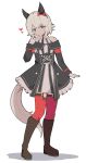  1girl absurdres animal_ears bare_shoulders black_boots black_hairband boots bow breasts closed_mouth coat curren_chan_(fille_eclair)_(umamusume) curren_chan_(umamusume) dress ear_bow ear_covers full_body gloves grey_hair grimlisp hairband heart highres horse_ears horse_girl horse_tail long_sleeves looking_at_viewer off-shoulder_coat off-shoulder_dress off-shoulder_jacket off_shoulder purple_eyes red_bow red_thighhighs short_hair simple_background solo striped_clothes striped_dress tail thighhighs umamusume vertical-striped_clothes vertical-striped_dress white_background white_gloves 