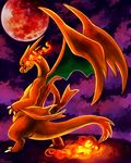  fire full_moon gen_1_pokemon green_eyes haychel mega_charizard_y mega_pokemon moon no_humans pokemon pokemon_(creature) red_moon solo watermark web_address wings 