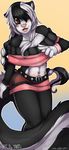  belt black_fur clothing crossdressing freckles fur girly hair_over_eye looking_at_viewer male mammal miniskirt multicolor_fur navel pants pose scynt shirt simple_background skirt skunk smile solo standing tartii two_tone_fur white_fur 