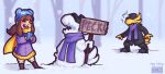  1boy 1girl ^^^ a_hat_in_time adapted_costume animal_ear_headwear beanie bear_hat black_hat black_jacket black_pants black_shoes blue_hat blue_mittens boots brown_boots brown_hair brown_pants character_snowman child closed_eyes coat commentary conductor_(a_hat_in_time) english_commentary english_text happy_holidays hat hat_kid highres holding holding_sign honnojis jacket long_hair long_sleeves mittens multicolored_coat open_mouth outdoors own_hands_together pants ponytail profanity purple_coat purple_scarf scarf shoes sidelocks sign signature smile snow snowing snowman suit_jacket sweat teeth tree two-tone_coat upper_teeth_only yellow_coat yellow_scarf 
