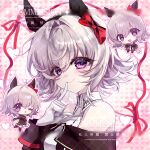  1girl absurdres animal_ears bare_shoulders black_boots black_hairband blush boots bow breasts chibi closed_mouth coat curren_chan_(fille_eclair)_(umamusume) curren_chan_(umamusume) dress ear_bow ear_covers gloves grey_hair hairband highres horse_ears horse_girl horse_tail long_sleeves looking_at_viewer off-shoulder_coat off-shoulder_dress off-shoulder_jacket off_shoulder one_eye_closed open_mouth parted_lips purple_eyes red_bow red_ribbon red_thighhighs ribbon short_hair smile striped_clothes striped_dress tail thighhighs tuwu_(user_yvte3782) umamusume vertical-striped_clothes vertical-striped_dress white_gloves 