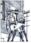  1girl against_wall boots comic cropped_jacket crosshatching eren_yeager graphite_(medium) greyscale knee_boots mikasa_ackerman missed_shot monochrome nobita paradis_military_uniform punching scarf shattered shingeki_no_kyojin traditional_media wall_slam 