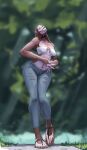  2026 5_fingers 5_toes absurd_res anitta_(vagnerdesouzas7) anthro ape big_teeth blue_eyes bottomwear breasts cleavage_cutout clothed clothing cutout denim denim_bottomwear denim_clothing ear_piercing feet female fingers footwear freckled_chest freckles fur hair hands_together haplorhine hi_res interlocked_fingers jeans long_arms long_hair long_legs long_neck looking_at_viewer mammal medium_breasts navel navel_piercing neck_tattoo orangutan pants piercing prehensile_feet primate redustheriotact sandals shoes simple_background smile solo standing tan_body tan_fur toes topwear torn_bottomwear torn_clothing torn_jeans torn_pants tube_top 