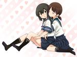  abe_kanari black_eyes black_hair black_legwear blush braid brown_hair closed_eyes heart hug isonami_(kantai_collection) kantai_collection long_hair multiple_girls school_uniform serafuku shirayuki_(kantai_collection) short_sleeves short_twintails sitting skirt smile twin_braids twintails yuri 