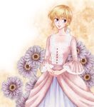  bad_id bad_pixiv_id blonde_hair blue_eyes dress floral_background flower gown hands_clasped j2_(joki455) lace own_hands_together pink_dress ponytail rosalie_lamorliere short_hair smile solo versailles_no_bara wide_sleeves 