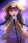  1girl asakura_karen_(heaven_burns_red) black_hair chanmi_159160 hair_tie heaven_burns_red holding holding_microphone hood hooded_jacket hoodie jacket looking_at_viewer low_twintails microphone open_clothes open_jacket open_mouth orange_eyes orange_hoodie orange_jacket pleated_skirt shirt singing skirt twintails upper_body white_shirt 