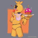  animatronic anthro avian beak bib bird bottomless breasts chica_(fnaf) chicken classic_chica_(fnaf) clothed clothing clothing_lift cupcake female five_nights_at_freddy's food galliform genitals heart_symbol hi_res looking_at_viewer machine metallic_body mostly_nude nipple_outline nipples notsafeforwanking phasianid plate presenting presenting_breasts purple_eyes robot scottgames shirt shirt_lift solo standing text topwear vulva 