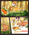  !? 1boy 1girl animalization black_hair choker coelophysis colored_sclera compass deinonychus dinosaur english_commentary feathered_dinosaur feathers food fruit gold_bangle grass green_sclera hat hat_on_back highres holding holding_food holding_fruit jewelry ki2ri5 log_pose looking_at_another mandarin_orange monkey_d._luffy motion_lines nami_(one_piece) nature neck_ring one_piece open_mouth orange_hair outdoors running sharp_teeth short_hair shoulder_tattoo sparkle spoken_interrobang straw_hat tattoo teeth tree twitter_username yellow_sclera 