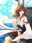  ahoge bird braid brown_hair cup day detached_sleeves fang hairband ichika_5259 japanese_clothes kantai_collection kongou_(kantai_collection) long_hair ocean open_mouth purple_eyes seagull sitting sky solo tea thighhighs turret 
