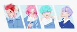  4boys abby_(kpop_demon_hunters) aqua_hair argyle_clothes argyle_sweater arm_behind_head baby_(kpop_demon_hunters) blue_background blue_eyes blue_jacket blue_sweater border closed_mouth concept_art earrings fingers_to_cheeks flower forked_eyebrows hair_over_one_eye hair_slicked_back hand_in_own_hair hand_on_own_face highres holding holding_flower jacket jewelry kpop_demon_hunters looking_at_viewer male_focus marion_bordeyne multiple_boys mystery_(kpop_demon_hunters) official_alternate_costume one_eye_closed parted_bangs pink_hair puffy_cheeks purple_hair red_eyes red_hair romance_(kpop_demon_hunters) shirt short_hair smile sparkle sweater upper_body white_border white_flower white_shirt 