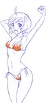  ahoge araragi_tsukihi armpits arms_up bikini blush breasts flame_print fried_egg grundy hair_ornament highres monogatari_(series) nisemonogatari short_hair side-tie_bikini small_breasts smile solo spot_color swimsuit thigh_gap 