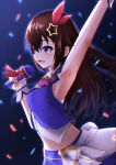  1girl arm_up blue_skirt blue_vest brown_hair hair_ornament highres holding holding_microphone hololive long_hair microphone moezi open_mouth purple_eyes skirt smile solo star_(symbol) star_hair_ornament tokino_sora tokino_sora_(1st_costume) vest virtual_youtuber 