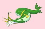  2023 ambiguous_feral ambiguous_gender apode blush blush_lines colored curled_tail eyelashes feral forked_tongue full-length_portrait generation_5_pokemon green_body green_markings half-closed_eyes hi_res leaf legless lying markings momensarada multicolored_body multicolored_skin narrowed_eyes nintendo on_side open_mouth pink_background pokemon pokemon_(species) portrait pupils red_eyes serpentine serperior simple_background slit_pupils smile snout solo tail tongue tongue_out two_tone_body two_tone_skin white_pupils white_sclera yellow_ears yellow_markings 