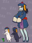  1girl afunai aqua_skin black_dress black_hair blank_eyes blue_hat blue_shoes brown_hair cat colored_skin commentary_request dress hat hiruwa_neruko indie_virtual_youtuber jiangshi multicolored_hair ofuda outstretched_arms praying_mantis qingdai_guanmao shoes short_dress sidelocks sleeves_past_fingers sleeves_past_wrists split-color_hair twintails two-tone_hair virtual_youtuber zombie_pose zzz 
