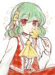  1girl :/ ascot center_frills closed_mouth collared_shirt commentary_request dot_nose flower flower-shaped_pupils flower_symbol frilled_shirt_collar frilled_vest frills green_hair hair_between_eyes hair_flower hair_ornament hair_ribbon hand_up highres holding holding_flower kazami_yuuka long_sleeves looking_at_viewer medium_hair open_clothes open_vest plaid_clothes plaid_vest red_eyes red_ribbon red_vest ribbon shirt simple_background solo symbol-shaped_pupils tama_(hiroshige_36) touhou upper_body vest white_background white_shirt yellow_ascot yellow_flower 