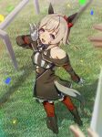  1girl absurdres animal_ears bare_shoulders black_boots black_hairband boots bow breasts coat confetti curren_chan_(fille_eclair)_(umamusume) curren_chan_(umamusume) dress ear_bow ear_covers gloves grey_hair hairband highres horse_ears horse_girl horse_tail long_sleeves looking_at_viewer multiple_others no_uwazumi off-shoulder_coat off-shoulder_dress off-shoulder_jacket off_shoulder open_mouth purple_eyes red_bow red_thighhighs short_hair smile solo_focus striped_clothes striped_dress tail thighhighs umamusume vertical-striped_clothes vertical-striped_dress white_gloves 