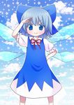  blue_eyes blue_hair bow cirno dress looking salute short_hair smile solo tona_(nekotte) touhou wings 