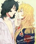  1girl andre_grandier black_hair blonde_hair copyright_name couple epaulettes hand_on_another's_chin hetero kichi_(rosso24) long_hair open_clothes open_shirt oscar_francois_de_jarjayes profile shirt short_hair versailles_no_bara 