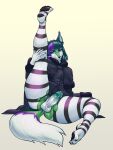  absurd_res akuro_heshi anthro bangs black_clothing black_dress canid canine canis claws clothing dress erection feet femboy flexible genitals gradient_penis green_hair hair havanxes hi_res holding_leg leg_grab legwear lying male mammal medium_hair multicolored_hair pantyhose pattern_clothing pattern_legwear pawpads penis purple_eyes raised_leg simple_background solo stirrup_legwear striped_clothing striped_legwear stripes tail torn_clothing torn_legwear torn_pantyhose white_clothing white_legwear wolf 