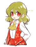  1girl arms_behind_back artist_name ascot blush center_frills collared_shirt commentary_request cropped_legs dot_nose floral_print flower-shaped_pupils frilled_shirt_collar frilled_vest frills green_hair highres kazami_yuuka long_sleeves looking_at_viewer medium_hair open_clothes open_mouth open_vest plaid_clothes plaid_skirt red_eyes red_skirt red_vest shirt shirt_tucked_in sidelocks simple_background skirt skirt_set solo symbol-shaped_pupils tama_(hiroshige_36) touhou twitter_username upper_body vest white_background white_shirt yellow_ascot 
