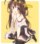  ahoge bare_shoulders blush breasts brown_hair cleavage detached_sleeves hairband headgear japanese_clothes kantai_collection kongou_(kantai_collection) long_hair looking_at_viewer medium_breasts meota open_mouth solo tears thighhighs torn_clothes yellow_background 