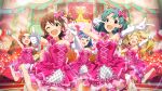  5girls :d ;d asymmetrical_gloves blonde_hair blue_hair bow breasts brown_hair card_commentary commentary_request dress elbow_gloves emily_stewart game_asset gloves green_hair hair_bow high_heels idol idolmaster idolmaster_million_live! idolmaster_million_live!_theater_days indoors kasuga_mirai leg_up looking_at_viewer multiple_girls nanao_yuriko official_alternate_costume official_art one_eye_closed open_mouth pink_bow pink_dress pink_shoes red_eyes shoes short_hair single_stripe smile stage standing standing_on_one_leg third-party_source tokugawa_matsuri twintails uneven_gloves white_gloves yabuki_kana yellow_eyes 