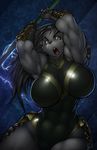  big_breasts black_hair breasts cindi cindi_savaan feline female green_eyes hair katana long_hair mammal muscles muscular_female open_mounth open_mouth panther pather skinsuit solo strype sword weapon 