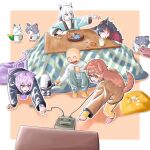  1boy 4girls absurdres ahoge all_fours animal_ears black_hair blanket blush blush_stickers bone_hair_ornament border bowl brown_eyes brown_hair cat_ears cat_girl cat_tail coffee_mug commentary_request controller crt cup cushion dog_ears dog_girl dog_tail eating food food_on_head fox_ears fox_girl from_above fruit game_console game_controller green_tea hair_ornament highres holding holding_food hololive hololive_gamers inugami_korone japanese_clothes kimono kotatsu listener_(inugami_korone) long_hair mandarin_orange miofa_(ookami_mio) mug multicolored_hair multiple_girls nekomata_okayu nintendo_64 nintendo_64_controller object_on_head onigirya_(nekomata_okayu) ookami_mio orange_peel outline outside_border pants playing_games pointing pointing_at_object purple_eyes purple_hair purple_pants senbei shirakami_fubuki shirt short_hair sitting sleeping snack squeans steam streaked_hair sukonbu_(shirakami_fubuki) table tail tea television track_pants under_kotatsu under_table white_border white_outline white_shirt wolf_ears wolf_girl yellow_pants youta_m12 yukata yunomi zabuton 