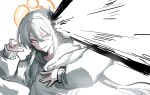  1girl \||/ finger_gun finger_gun_to_head grin hair_between_eyes headshot highres hood hood_down hoodie long_hair long_sidelocks mentally_deficient original pink_eyes sidelighting sidelocks smile solo suicide upper_body white_hair white_hoodie 