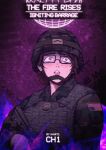  1girl absurdres american_flag assault_rifle brown_hair bulletproof_vest collared_shirt copyright_logo copyright_name cover dog_tags earrings glasses gun hearts_of_iron helmet highres iaart1 jewelry logo m16 masie_fletcher_(igniting_barrage) military_uniform nervous_sweating patch rifle shirt single_earring soldier solo sweat the_fire_rises upper_body weapon yellow_eyes 