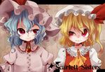  blonde_hair blue_hair bow dress fang flandre_scarlet frills half_updo hat high_collar highres looking_at_another multiple_girls pinafore_dress puffy_short_sleeves puffy_sleeves rarorimiore red_eyes remilia_scarlet short_hair short_sleeves side_ponytail smirk squinting touhou upper_body 