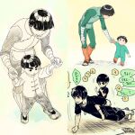  2boys bandaged_hand bandages black_hair black_shoes blunt_bangs bodysuit boruto:_naruto_next_generations boruto_(series) bowl_cut child exercising father_and_child father_and_son finger_counting flak_jacket green_bodysuit green_vest highres holding_hands jacket leaning_forward leg_warmers male_focus metal_lee multiple_boys multiple_views naruto_(series) one_arm_push-ups open-toe_shoes orange_leg_warmers parent_and_child push-ups ribbed_leg_warmers rock_lee shoes short_hair sitting_on_another's_back sweat thanhvy0231 thick_eyebrows toddler vest 